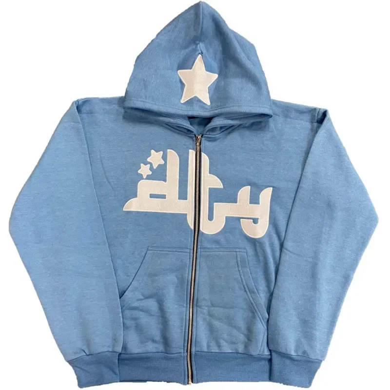 Star Letter Print Hoodies Men\'s Vintage Zipper Long Sleeve Loose Sweater Coat Harajuku Casual Hooded Sweatshirt Y2K Street Wear