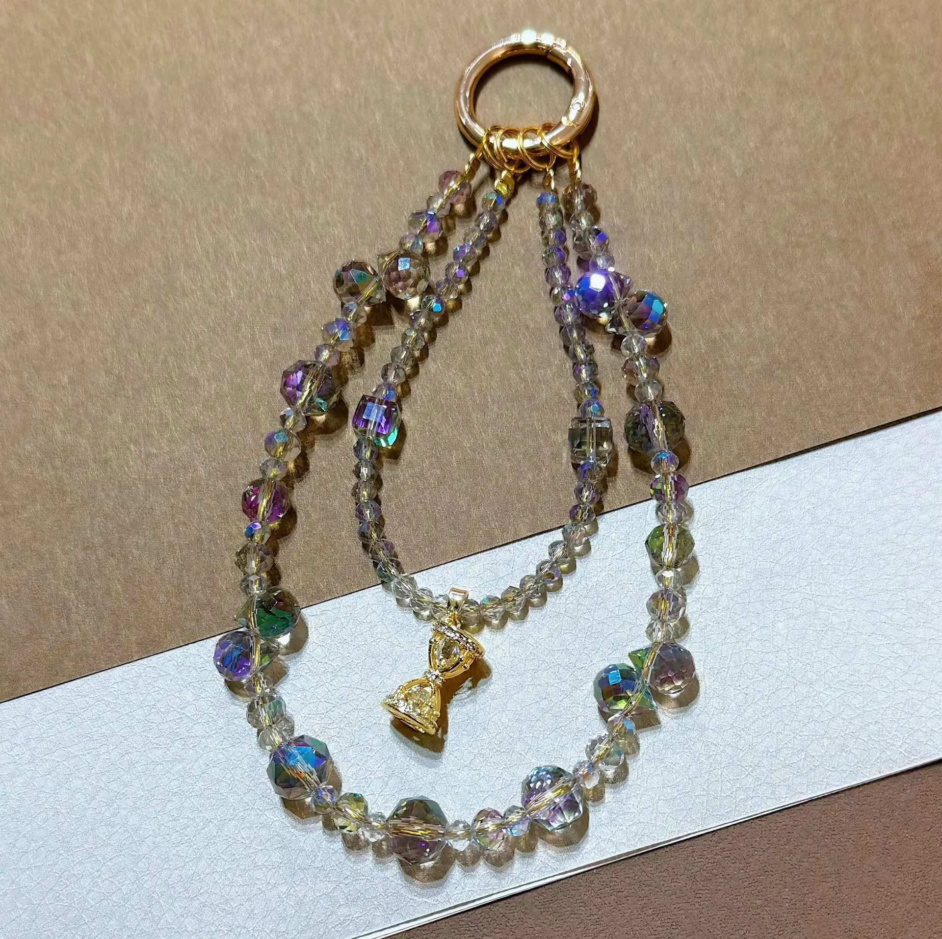 

Vintage Hourglass Crystal Phone Charm Luxury Gold Beaded Lanyard Dual Layer Rhinestone Wrist Strap Keychain Bag Pendant