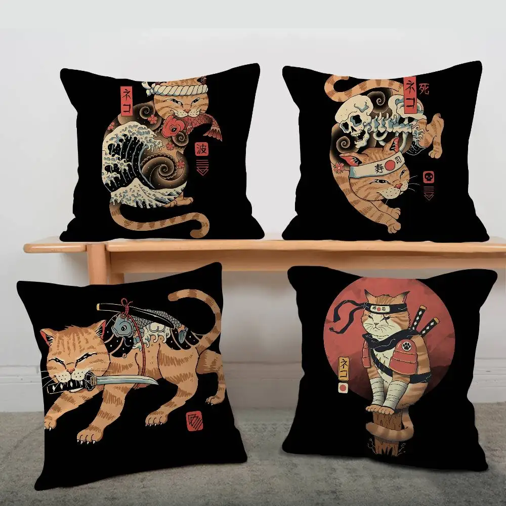 Japanese Samurai Cat Office Cushion Pillowcase Car Cushion Cover45X45CM Lumbar Pillowcase Sofa Pillowcover