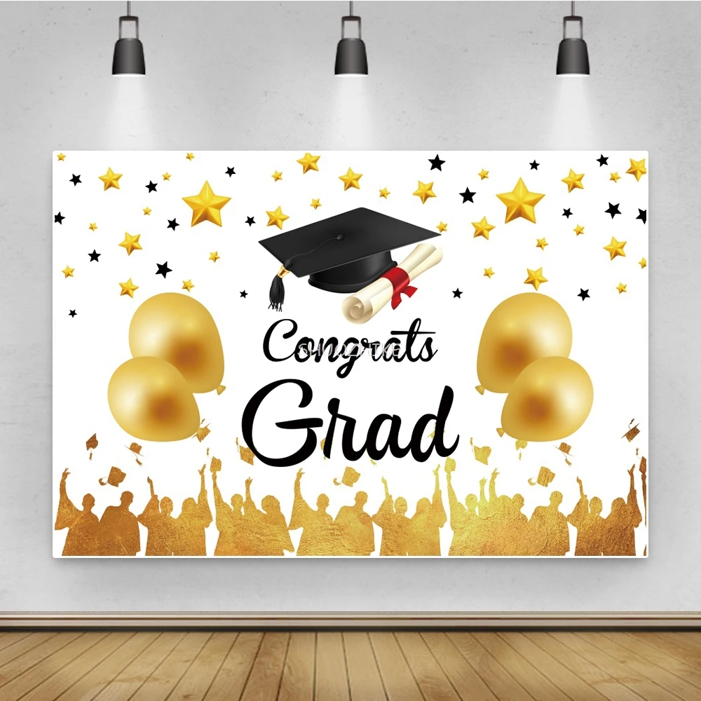 

Congrats 2024 Graduation Party Black Bachelor Degree Hat Golden Balloon Photography Background Photo Backdrop Photo Studio