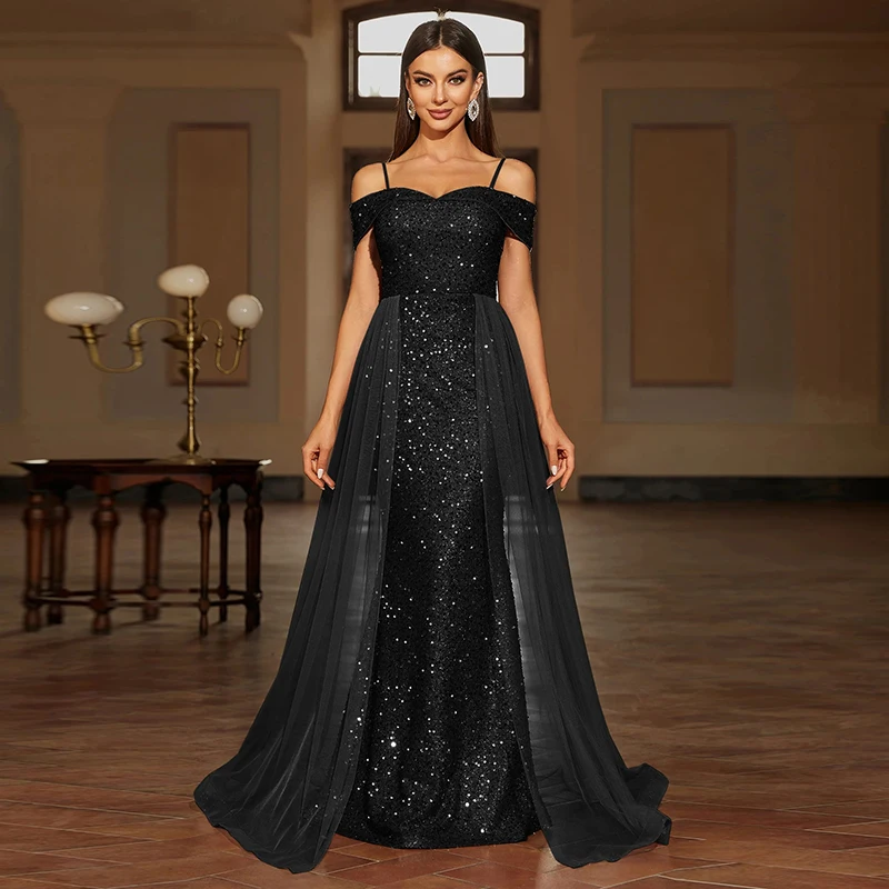 

Женское черное вечернее платье с открытыми плечами и пайетками, гламурное и благородное платье для выпускного вечера на бретельках для бала и театрализованного представления