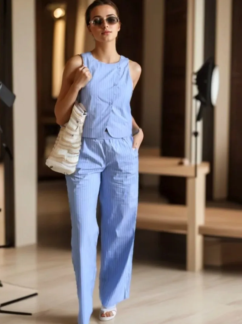 

Fashion Casual Pants Suit 2025 Spring New Women Printed Sleeveless Striped Vest Tops Trousers Streetwear Women Two-piece Sets