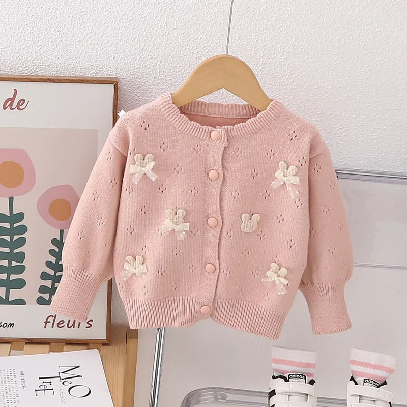 Spring Autumn New Children\'s Versatile Knitted Coat for Girl Baby Warm Cardigan Cute Rabbit Bow-tie School Outer Sweater HY07251