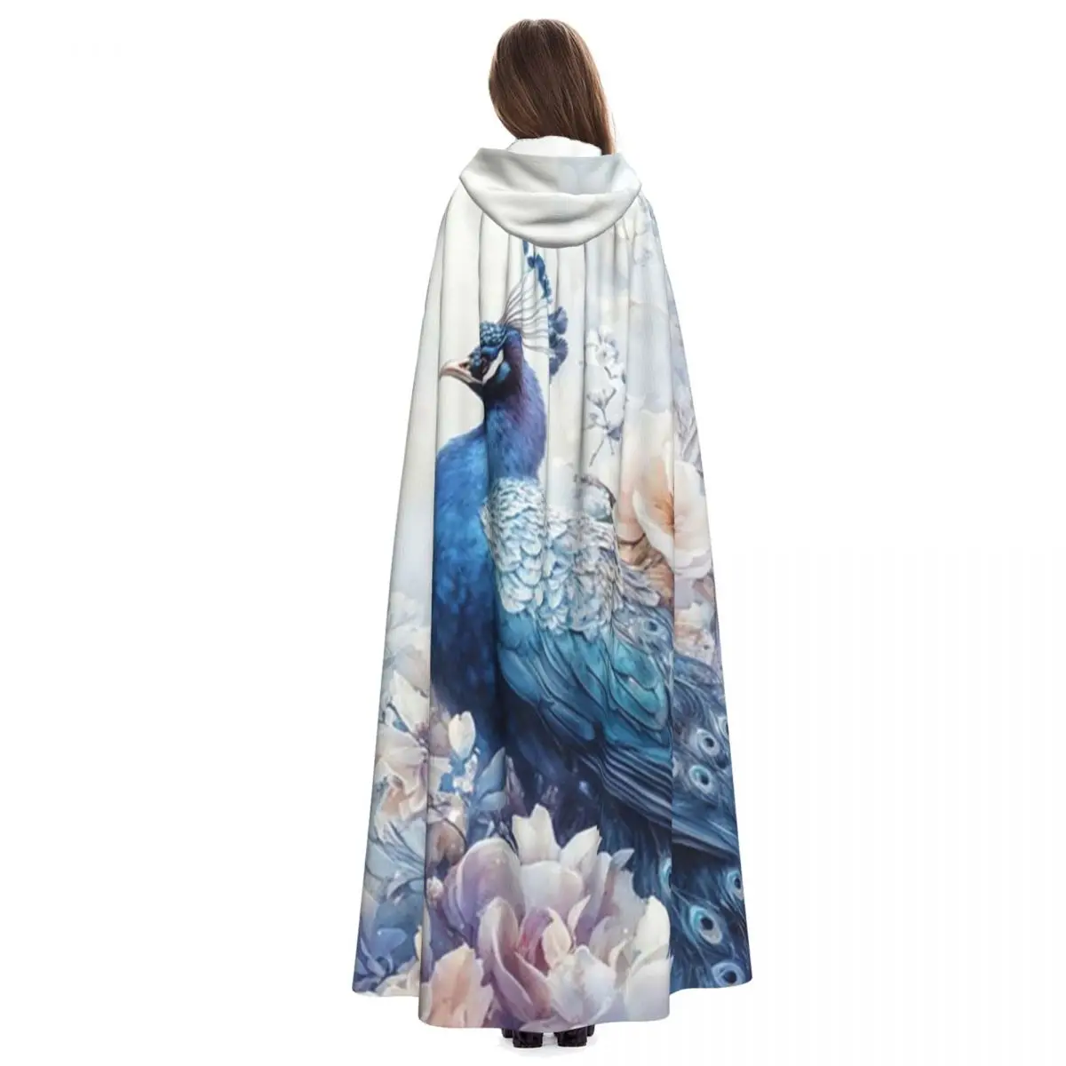 Regal Peacock Nestled Among Delicate Flowers Long Hooded Cloak Witch Medieval Costume Cosplay Cape HalloweenCoat Adult Unisex