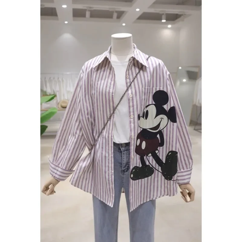 Age Reduction Versatile Cartoon Cute Blouse 2024 Early Autumn Loose Thin Medium And Long Cotton Striped Long-sleeved Shirt Women