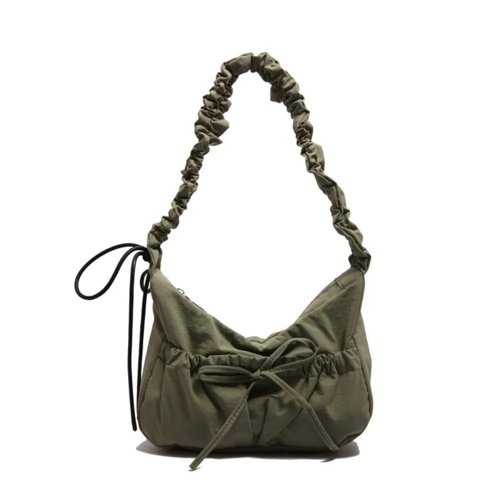 

Sweet Nylon Bow Pleated Bag Drawstring Solid Color Pleated Shoulder Bag Zipper Adjustable Women's Handbag Daily