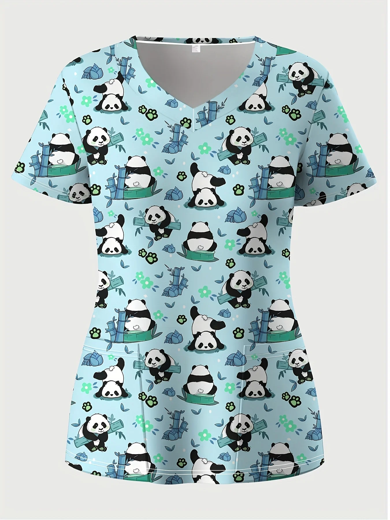 Rekbare damestop met V-hals en korte mouwen, schattige 3D-panda en bloemenprint, dubbele zakken - Comfortabel casual en gezondheidszorg