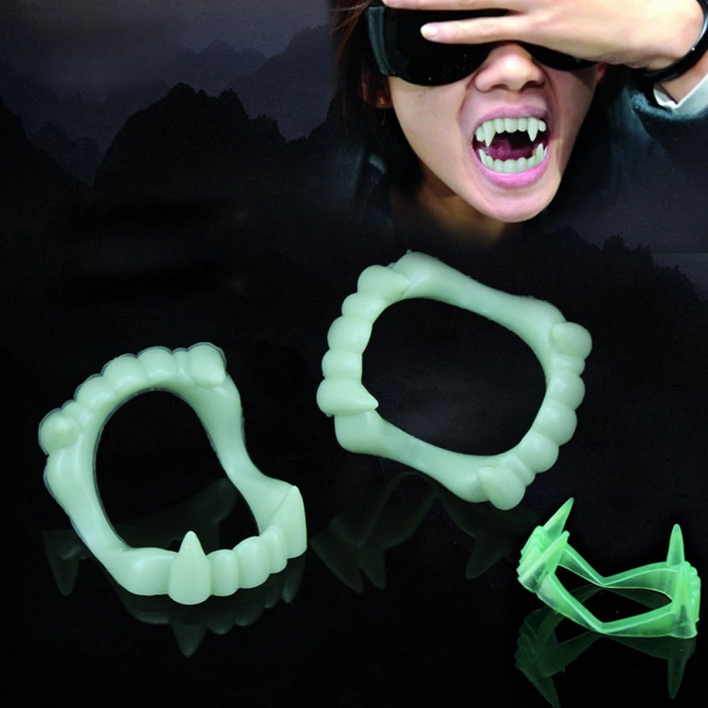 1PCS Luminous Vampire Fake Teeth For Halloween Party Night Glow Prop Masquerade Cosplay Funny Makeup Dentures DIY Decorations