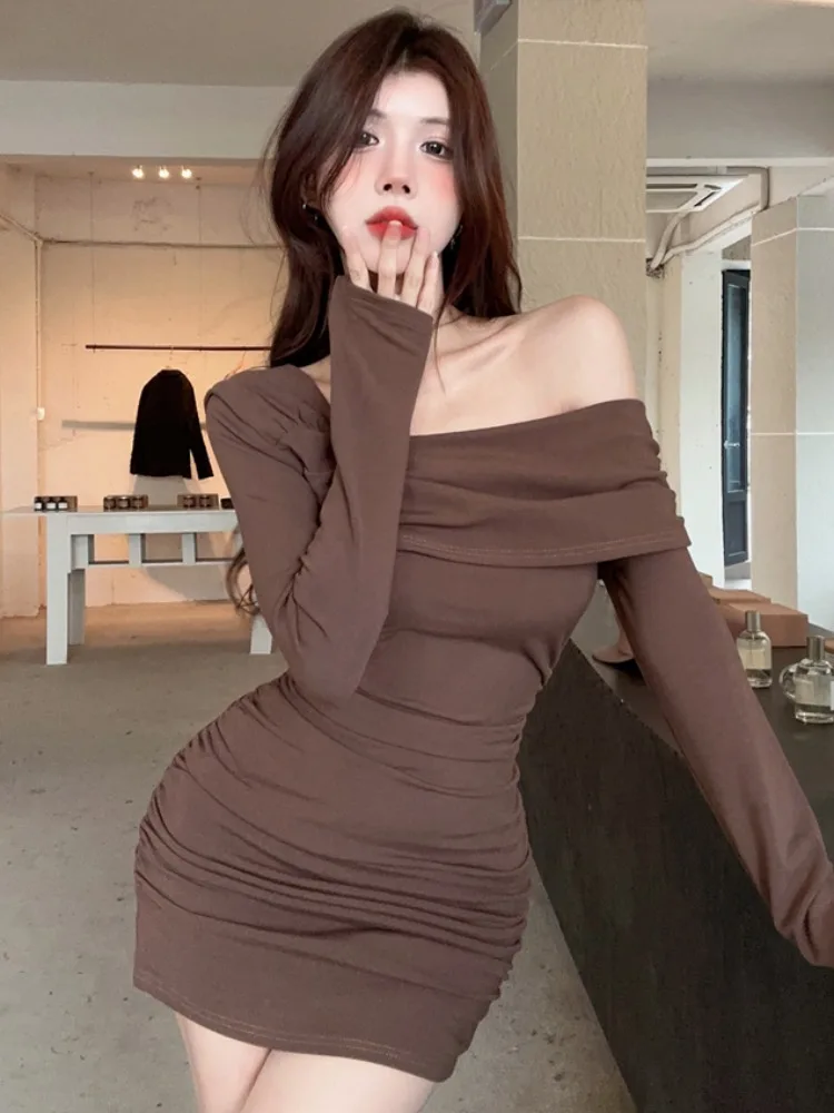 

Autumn Winter New Style Korean Pure Desire Diagonal Collar Bared Clavicle Long Sleeve Super Slim Sexy Wrap Base Pleated Dress