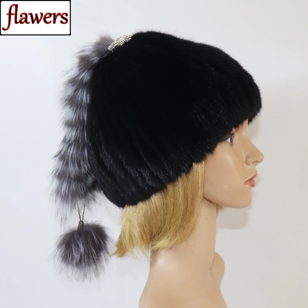 

Luxury Women Winter Knitted Real Mink Fur Hat Natural Warm Mink Fur Cap With Fox Tail Lady Quality 100% Genuine Mink Fur Hats