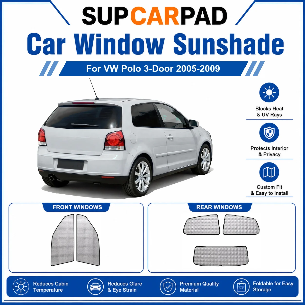 For VW - VW Polo 3-Door 2005-2009 Full Set Car Window Sunshades UV Block Privacy Heat Insulated Foldable Car Curtain