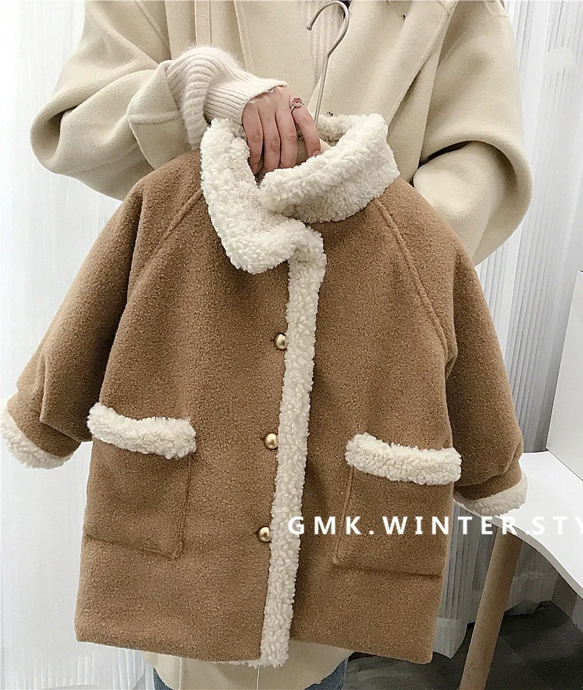 

Girls Outerwear Coat Fleece Autumn and Winter New Fashion Children Lamb Fleece Long Jacket Baby Maillard Style Children Clothing