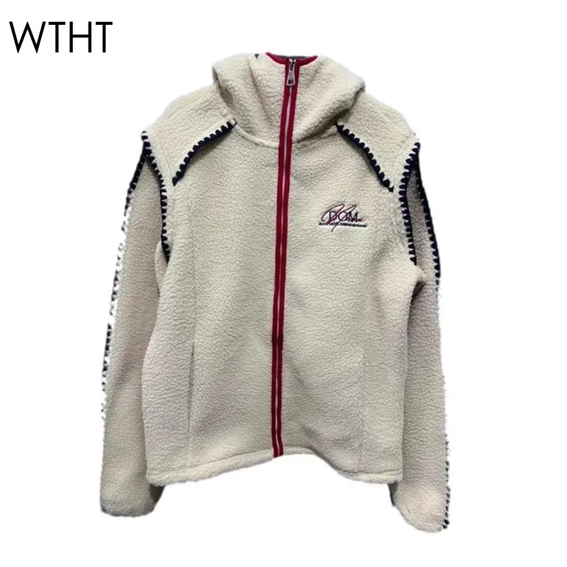 WTHT Nieuwe Mode vrouwen Controle Kleur Pluche Rand Capuchon Wollen Jas 2024 Winter Lange Mouwen Rits Jas Vrouwelijke 1LS422