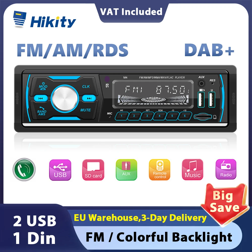 Hikity 1DIN Car Radio MP3 Player support DAB+ FM/AM/RDS Car Radios Stereo Remote Control Digital Bluetooth Audio Music Stereo