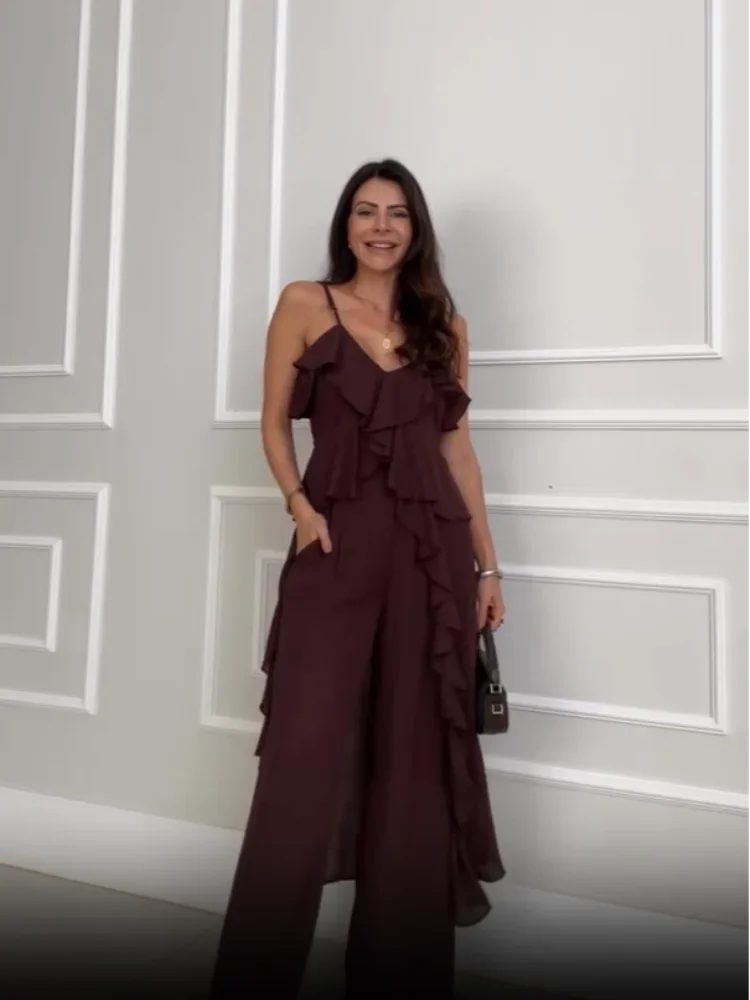 Feminino marrom escuro calça conjunto casual decote em v sem mangas em camadas babados sling blusa calças de perna larga terno novo verão senhora uso diário