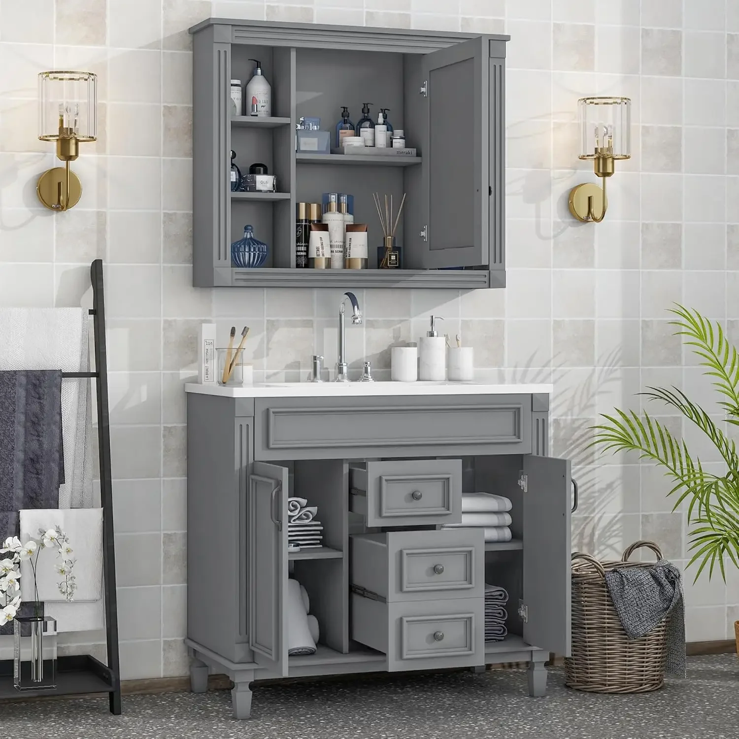 Bathroom Vanity with Royal Grey Mirror Cabinet,Modern Bathroom Storage Cabinet with Top Sink,2 Soft Closing Doors and 2 Drawers,