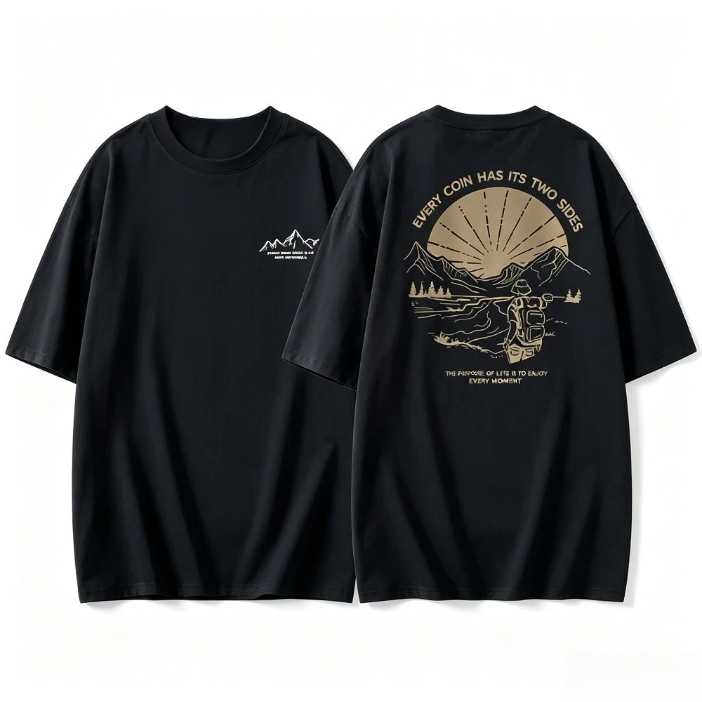Men  Hiker Graphic T-Shirt Every Coin Has Its Two Sides Letter Print Short Sleeve Tee  Outdoor Adventure Streetwear T Shirt