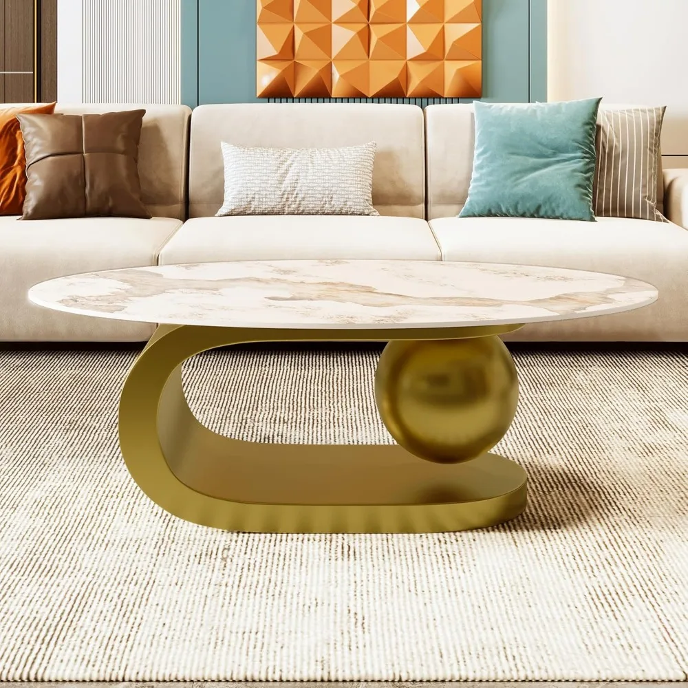 

47.2" Modern Oval Coffee Table, Marble Pattern Sintered Stone Coffee Tabletop with Gold Stainless Steel Base for Living Room, W
