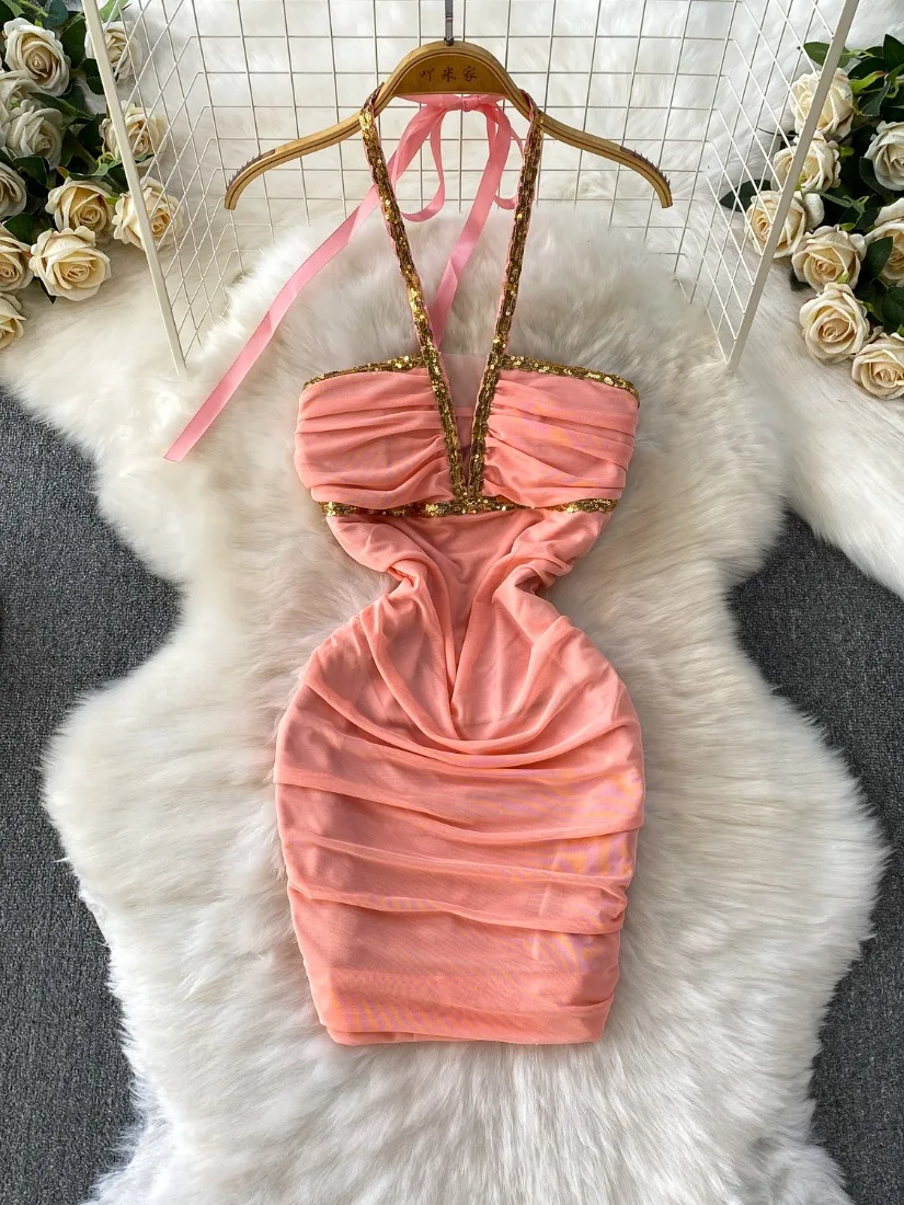 Foamlina New Summer Women Sequins Patchwork Mini Bodycon Dress Sexy Halter Neck Sleeveless Backless Slim Ruched Mesh Party Dress