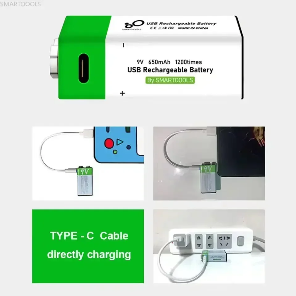 9V 650mah Lithium Ion Rechargeable Battery Type-C USB Battery 9V Multimeter Lithium Microphone Metal Detector Cable Remote