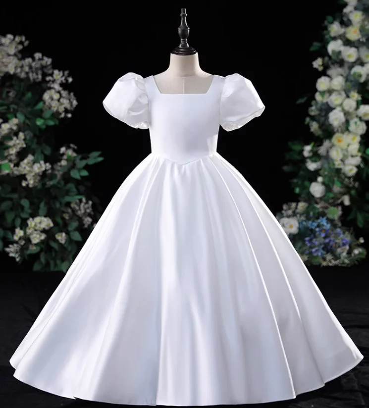 Vestido de princesa de satén blanco iridiscente para niñas, esmoquin de lentejuelas sólidas, rendimiento de Piano para adolescentes, boda, niña de las flores