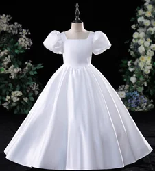 IRIDESCENT White Satin Girls' Princess Dress Solid Sequins Tuxedo Teenagers' Piano Performance Pengpeng Wedding Flower Girl