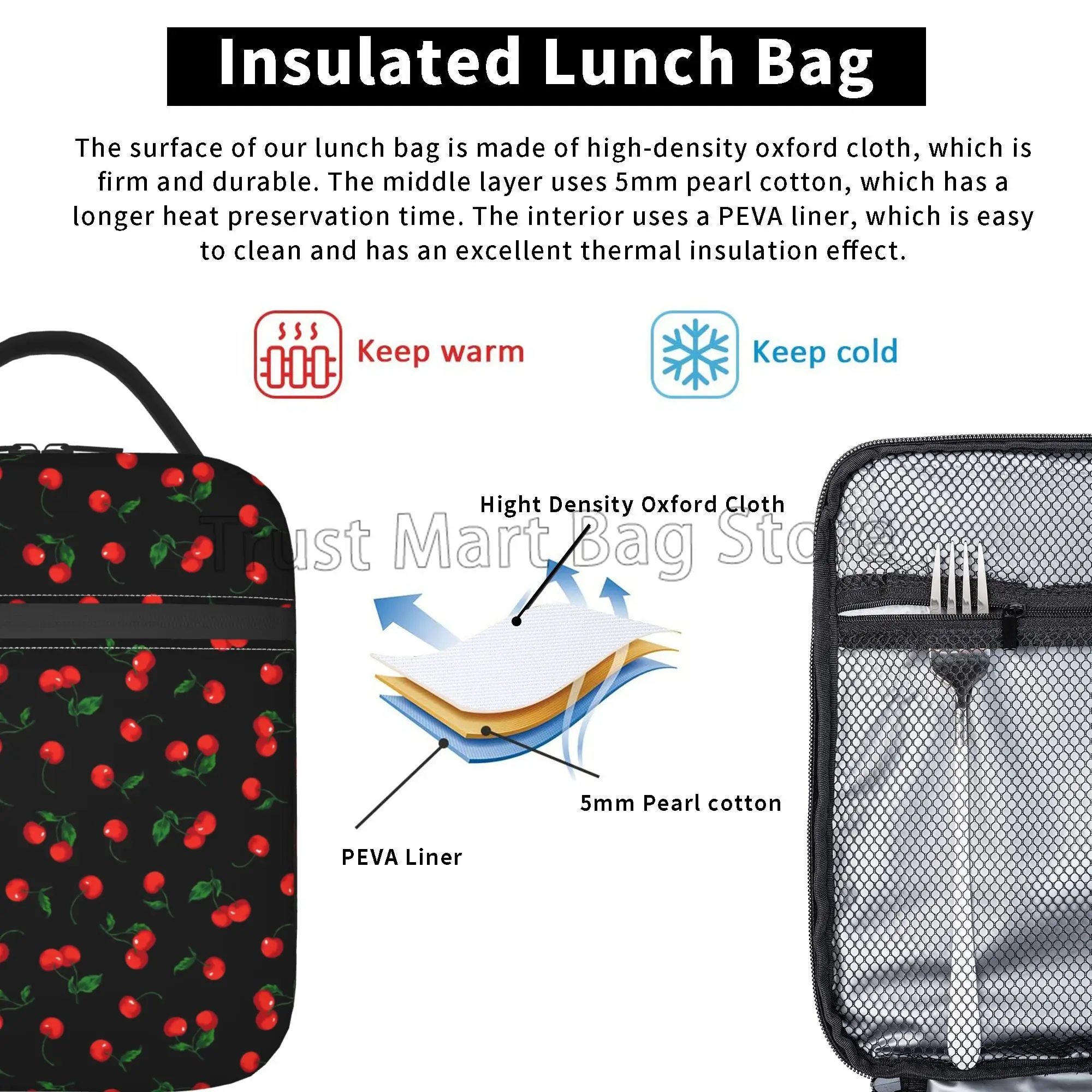 Cherry Insulated Lunch Bag for Women Girls Reusable Portable Lunch Box for Office Work School Picnic Camping Thermal Bento Tote