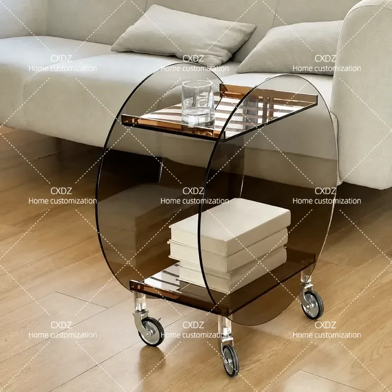 Acrylic Trolley Mobile Side Table Round Coffee Table with Wheels for Living Room Snack Wine Storage Shelf Household Organizer