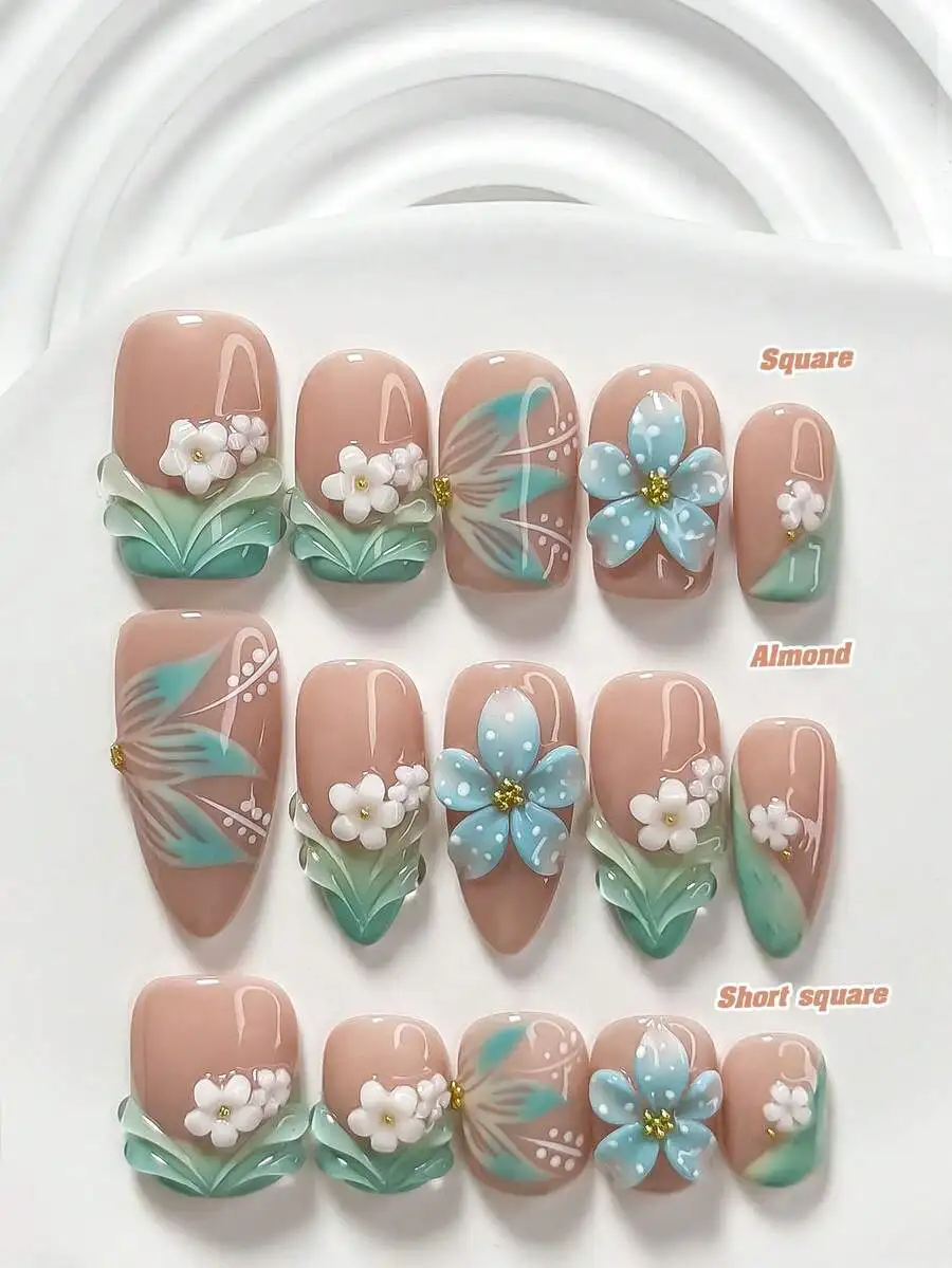 

10pcs Island Vacation Handmade Nail Art Set Nude Pink Base with Golden Semi-Sphere Nail Studs Gel Nail Decoration Kit