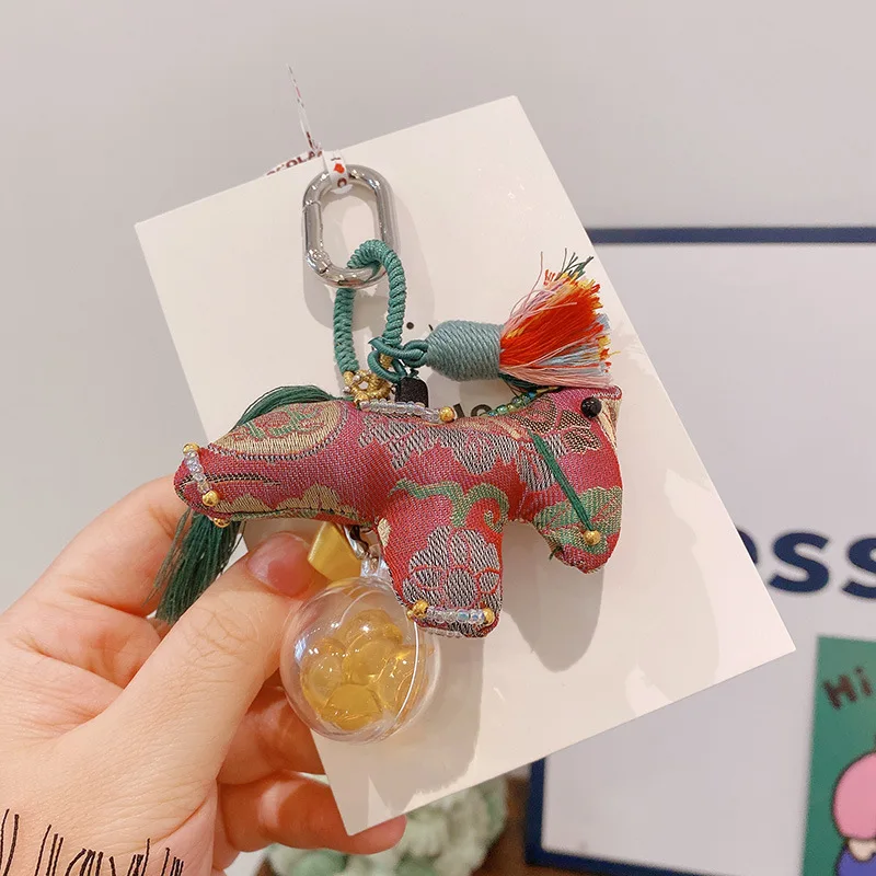 2026 Chinese-style Beaded Embroidery Little Horse Keychain Cartoon Gold Ingot Pendant Hand-woven Tassel Lanyard Accessory Keyfob