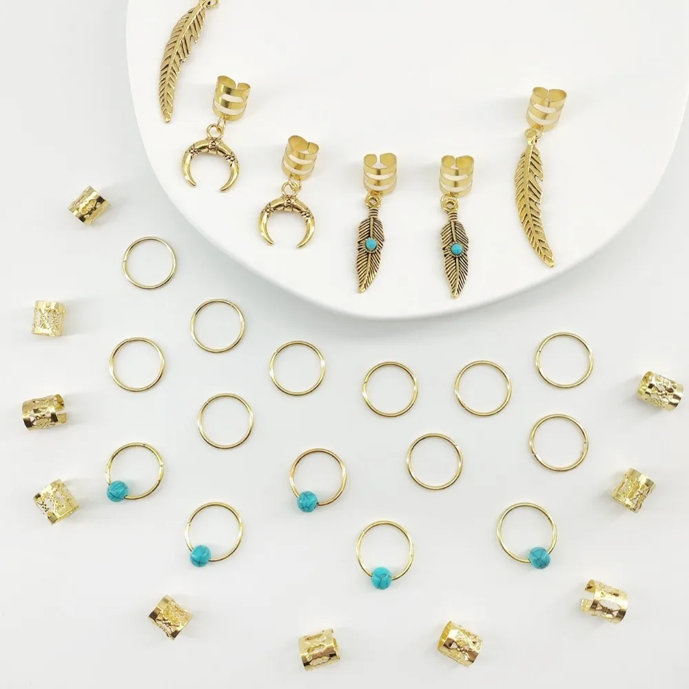 31pcs Turquoise Hollow Out Hair Ring Dread Locks Metal Cuff Clips Dreadlocks Beads Charm Headwear Hair Braid Tubes Decor