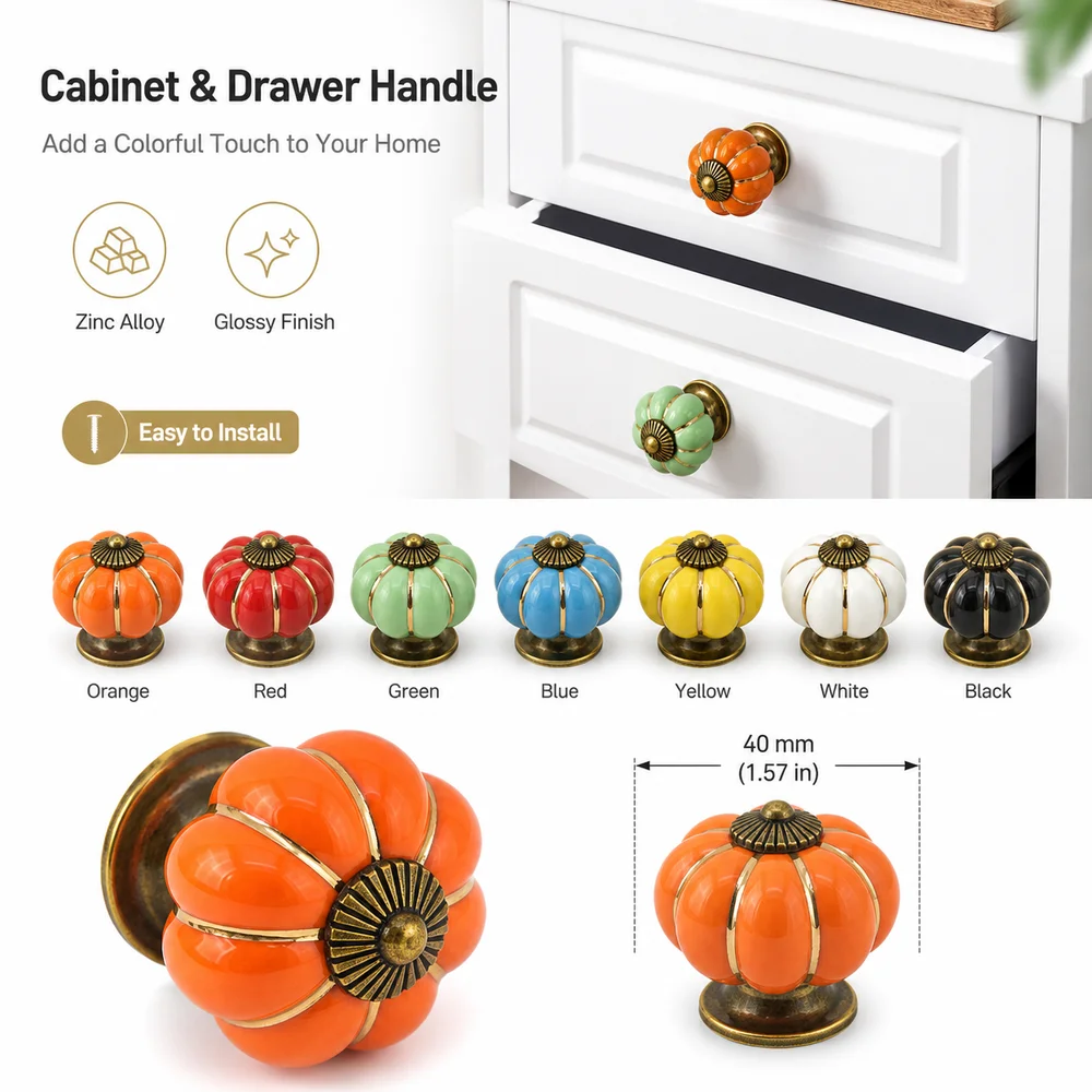 Vintage Pumpkin Shape Cabinet Handles Colorful Round Shape Drawer Pulls Decorative Rustic Finish Door Knobs Kitchen Cabinets