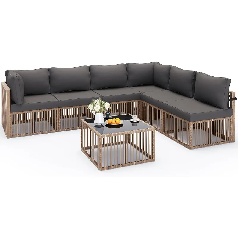

7-Piece Outdoor Sectional Sofa Set, All-Weather PE Rattan Patio Furniture with Washable Cushions Covers, Gray Cushions a