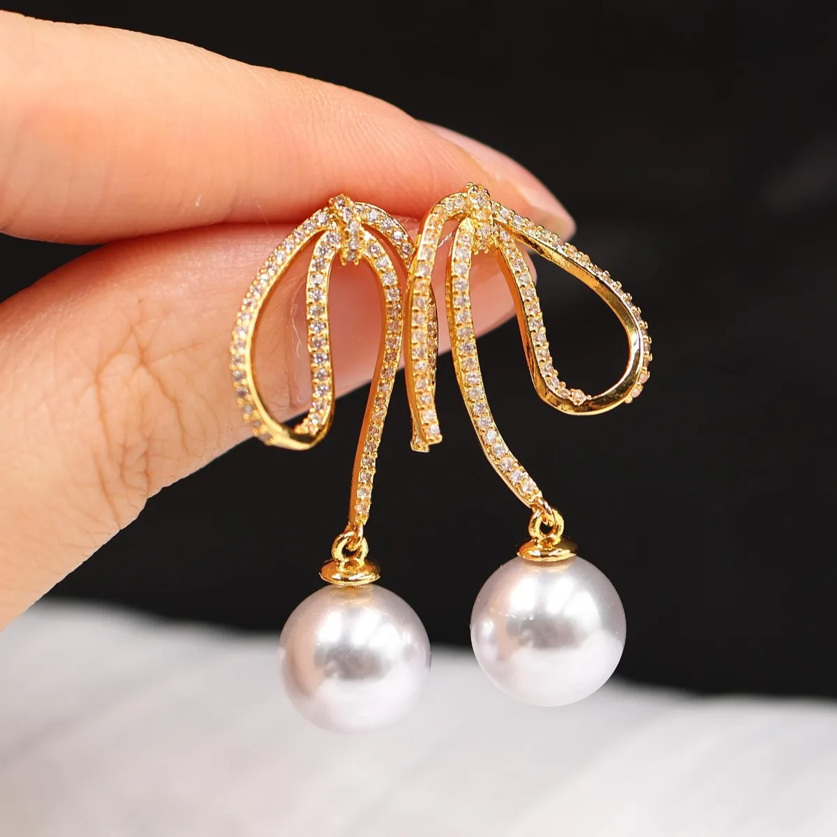 Brass Gold Plated Full Zircon Ribbon Earring Base, Light Luxury Blank Setting For DIY Pearl Earrings Fits 8-14mm Pearls