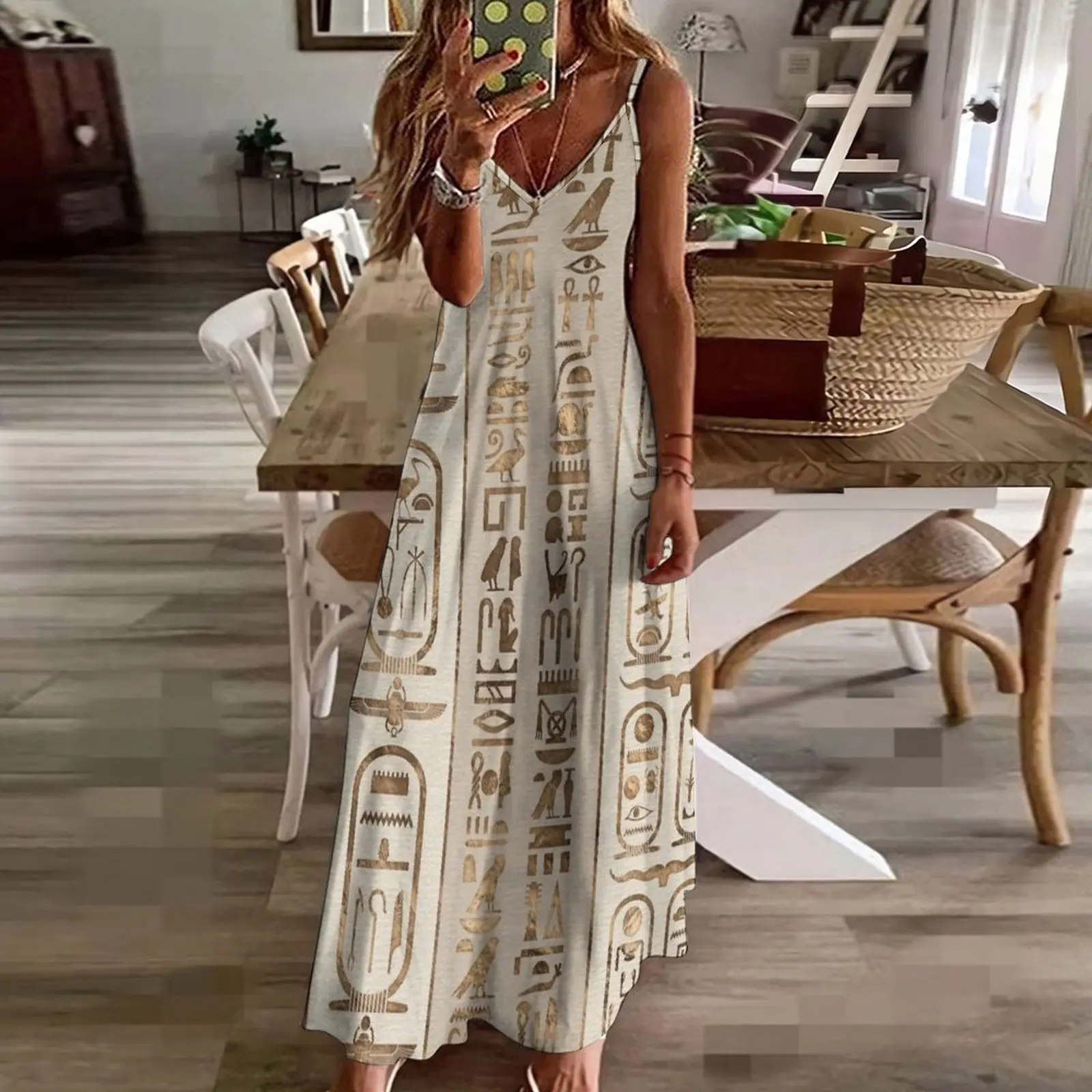 New Egyptian hieroglyphs Pastel Gold Sleeveless Dress summer clothes clothes for women