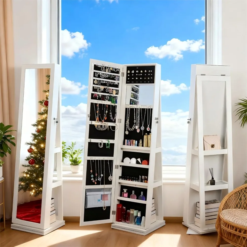 خزانة مجوهرات بمرآة، خزانة مجوهرات دوارة 4 في 1 مع 360 درجة ° قائمة دوارة قابلة للقفل، أرفف تخزين خلفية، داخل صغير
