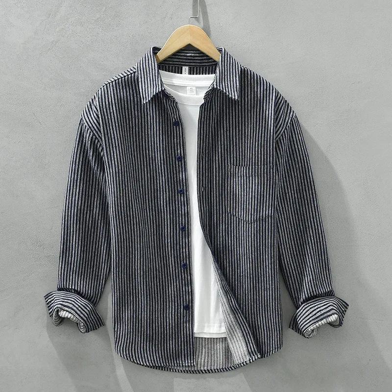 

2178 Men's Striped Casual Shirts Spring Fashion High Quality Long Sleeve Single Breasted Lapel Blouse Loose Versatile Basic Tops