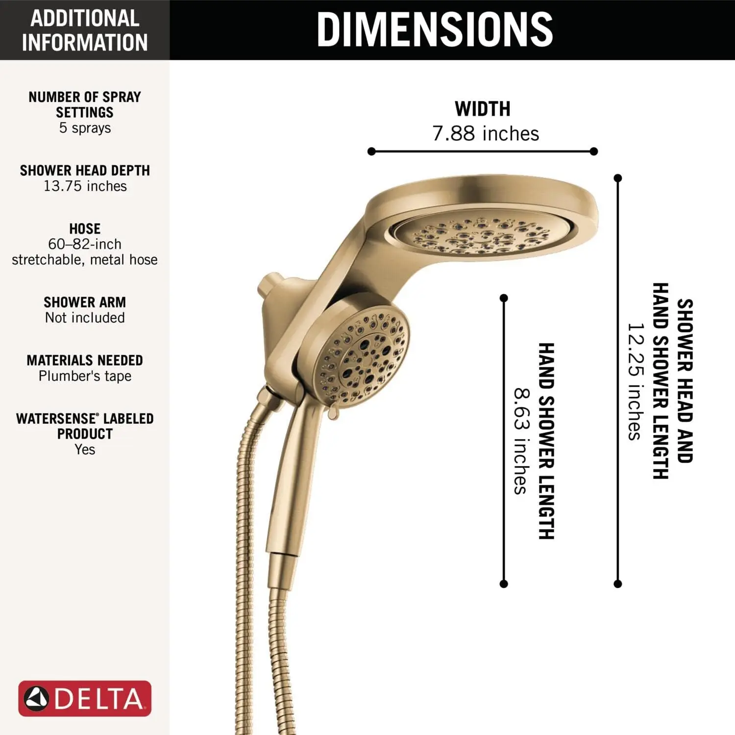 Faucet HydroRain 5-Spray H2Okinetic Dual Shower Head with Handheld Spray Gold Shower Head with Hose Handheld Shower Heads