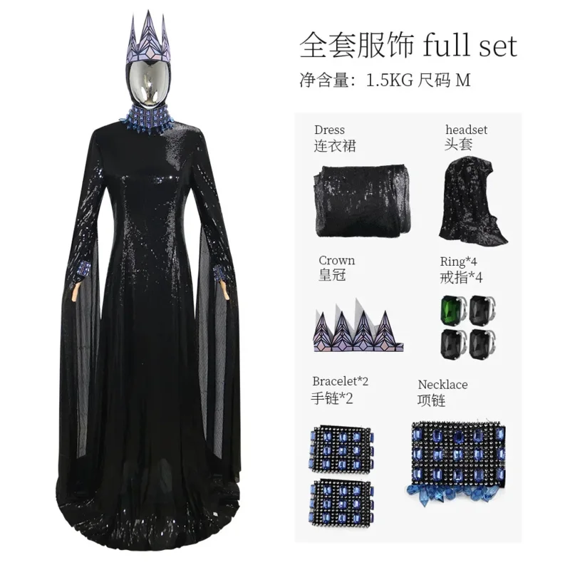Disfraz de Reina Malvada para mujer, Reina de la nieve, Anime blanco, Cosplay malvado, vestido largo negro de fantasía, corona, traje de Carnaval de Halloween