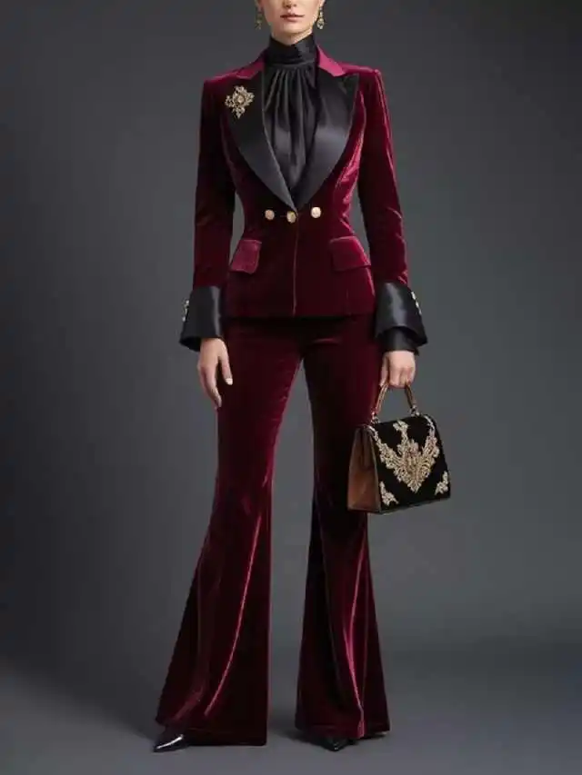 Delicate Women Suit Peak‑Lapel Velvet Flared‑Pants Two‑Piece Formal Outfit For Banquet Event Celebration Customized