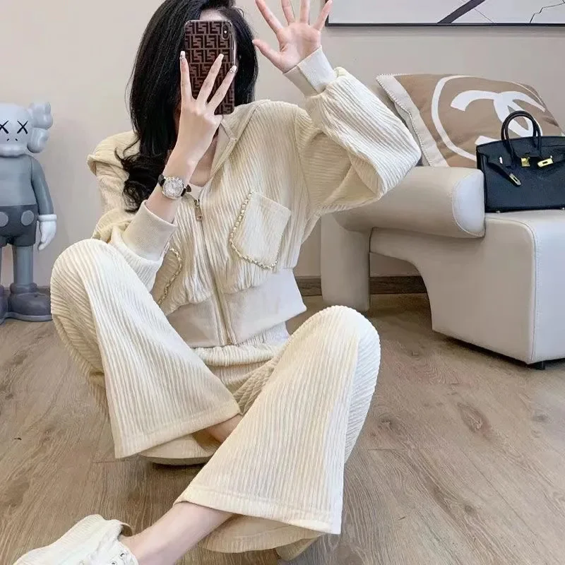 

Small Casual Sports Suit 2024 Spring and Autumn New Style Fragrant Loose Cardigan Sweatshirt Jacket Wide Leg Pants Two-Piece Set