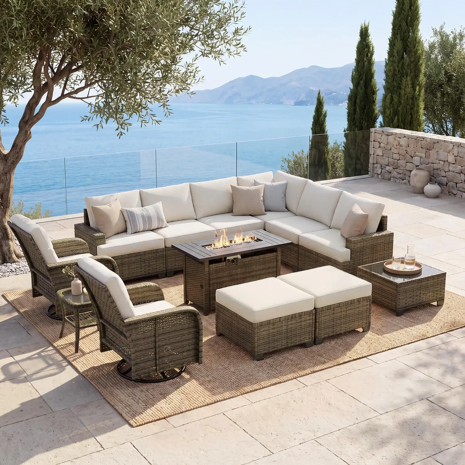 13 Piece Patio Furniture Set With Fire Pit Table, Beige, Customized
