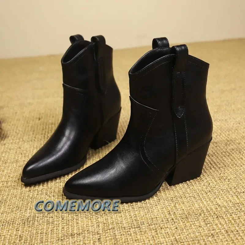 2025 Women's Ankle Boots Leather Autumn Winter Designer Short Boots Thick Heels Pointed Toe Casual Shoes Woman Office Lady Black image 4