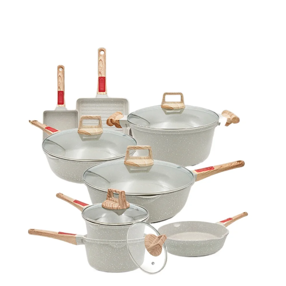 Kitchen Cooking White Granite Nonstick Pans and Pots Sets Cast Aluminum Cookware Sets 13pcs with Removable Handle