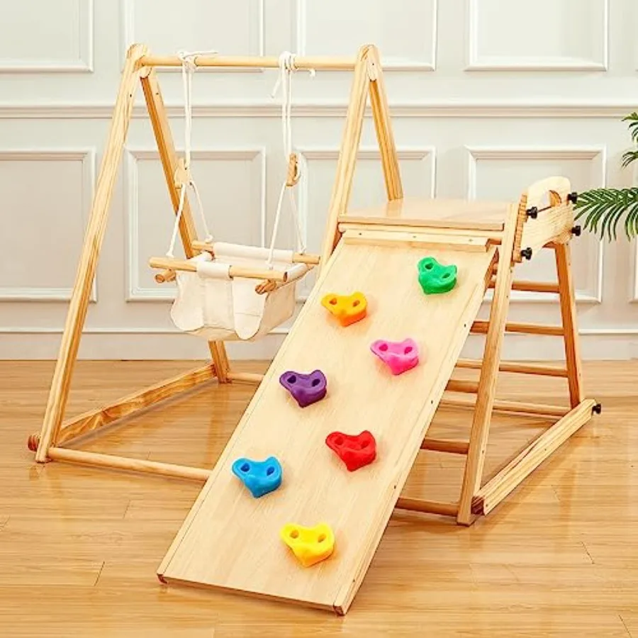 

4-in-1 Wooden Toddler Swing and Slide Set Foldable Montessori Jungle Gym for Toddlers 0.5-5 Years Indoor Playground with Swing/