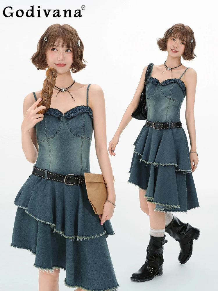

American Retro Blue Girl Summer Irregular Denim Suspender Dress Sweet Ruffles Slash Neck High Waist Fashion Age-reducing Dresses