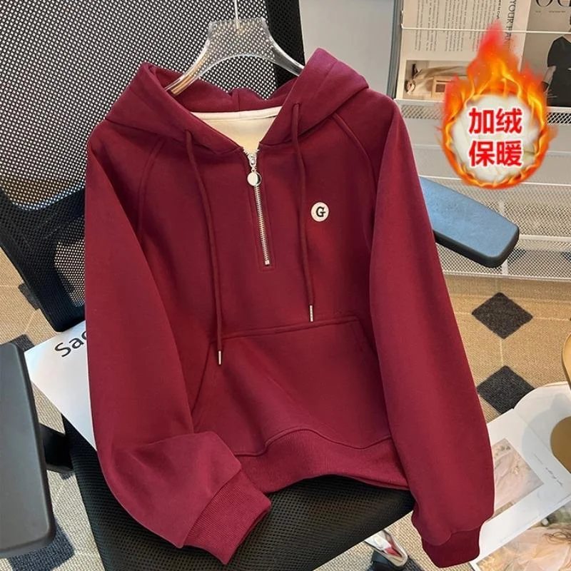 Sweat-shirt à capuche en pur coton pour femme, pull épais en velours bordeaux, demi-fermeture éclair, nouvelle collection automne hiver