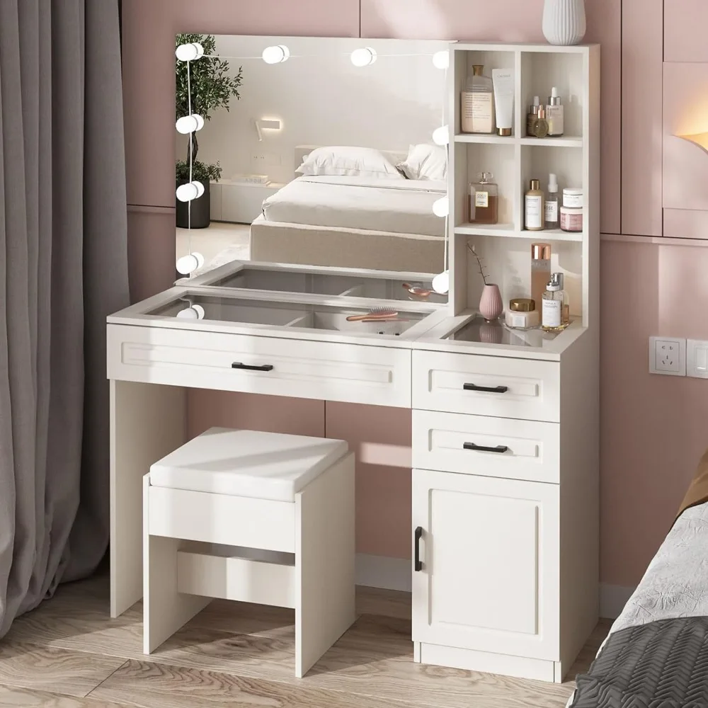 White Vanity Desk with Mirror and Lights,Glass Top Vanity Table with 3 Drawers and Cabinets,Large HD Mirror Makeup DesK