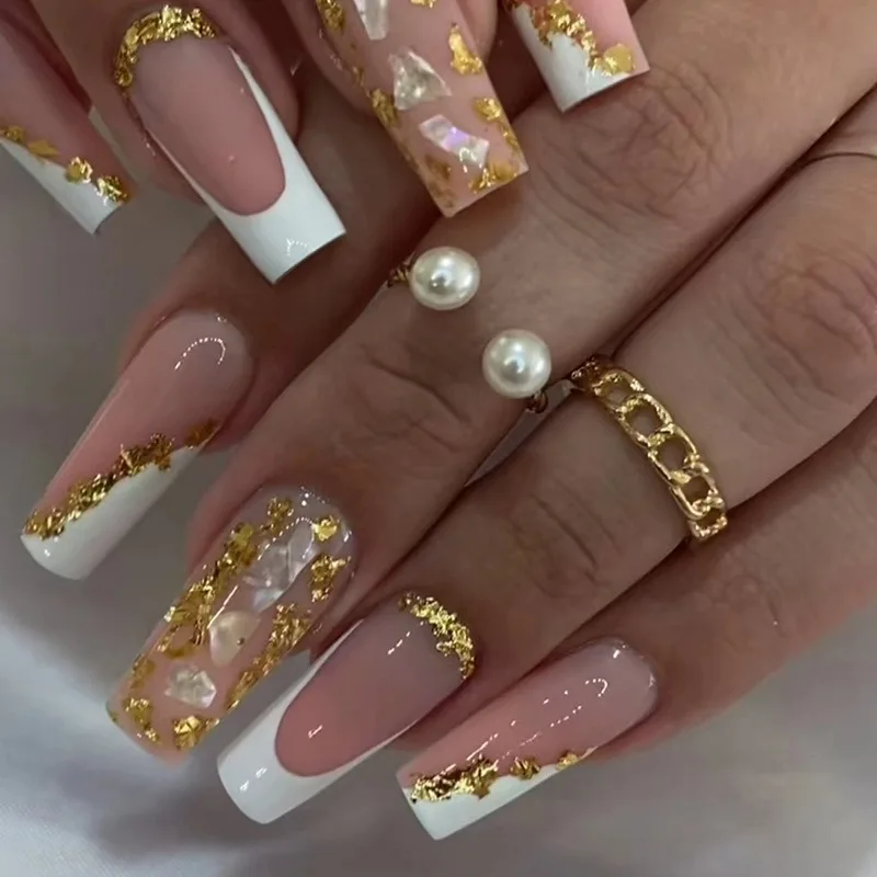 Prensa de Balé Acrílico nas Unhas, Comprimento Médio, Unhas Quadradas Femininas, Decorado Francês, Caixão Longo, Unha Falsa Branca, Fashion, 24 peças por conjunto