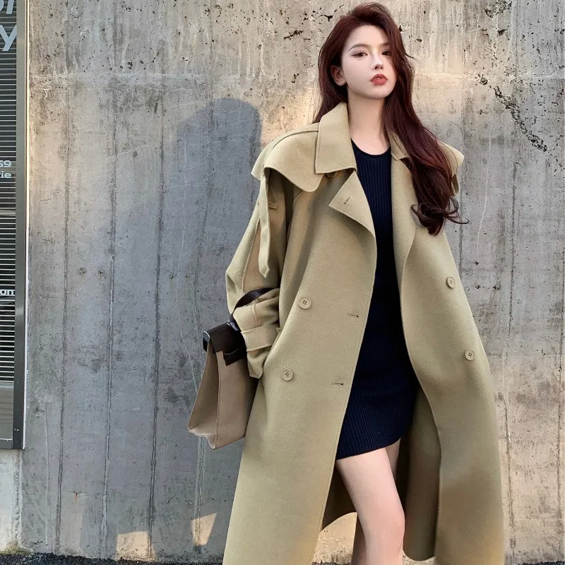 Long Woolen Coat Women 2022 Spring Autumn Belt Suit Collar Chic Trench Outwear Double-Breasted Elegant Vintage Coat Female